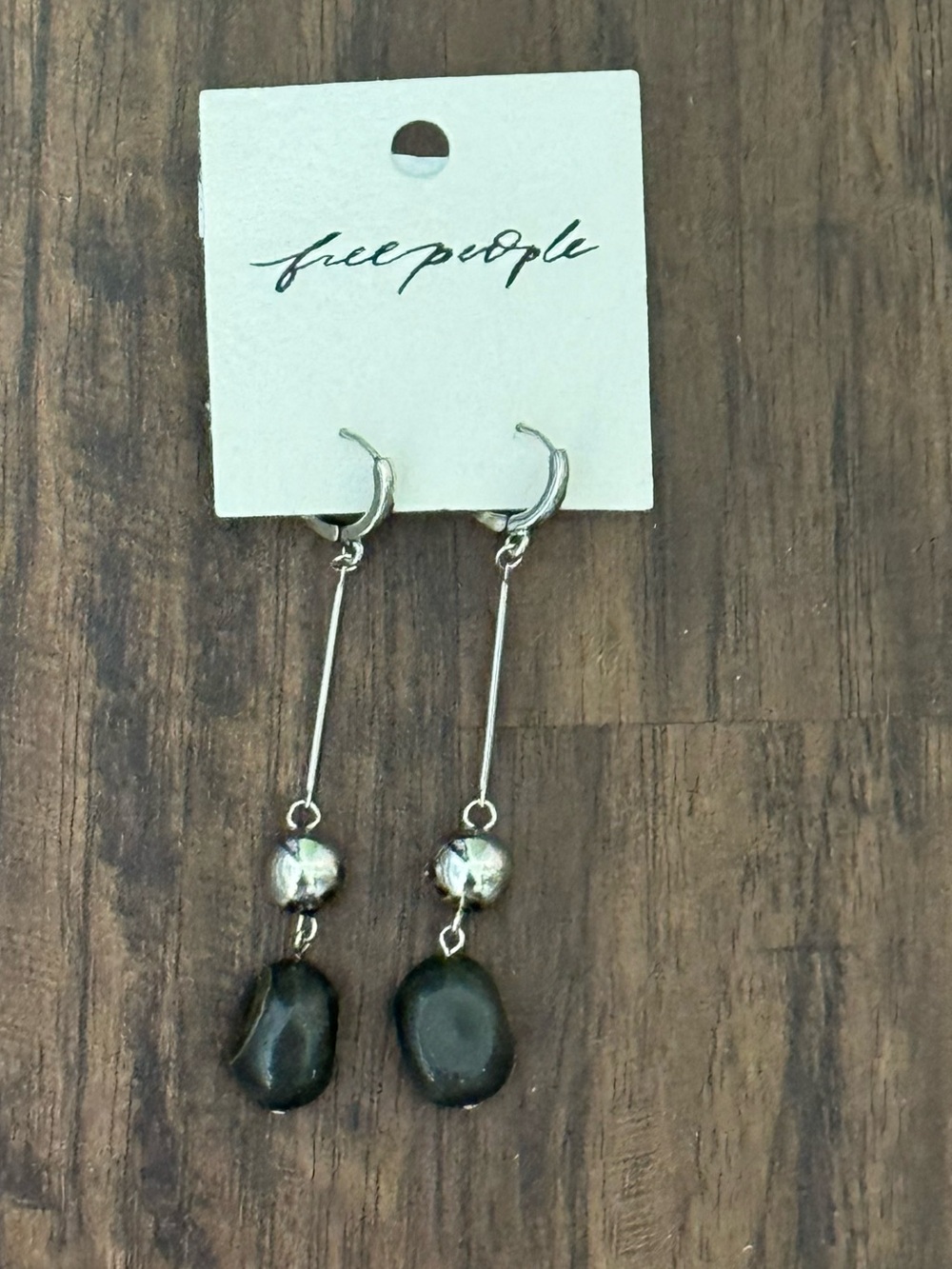 Free People Silver and Dark Green Stone Drop Earrings